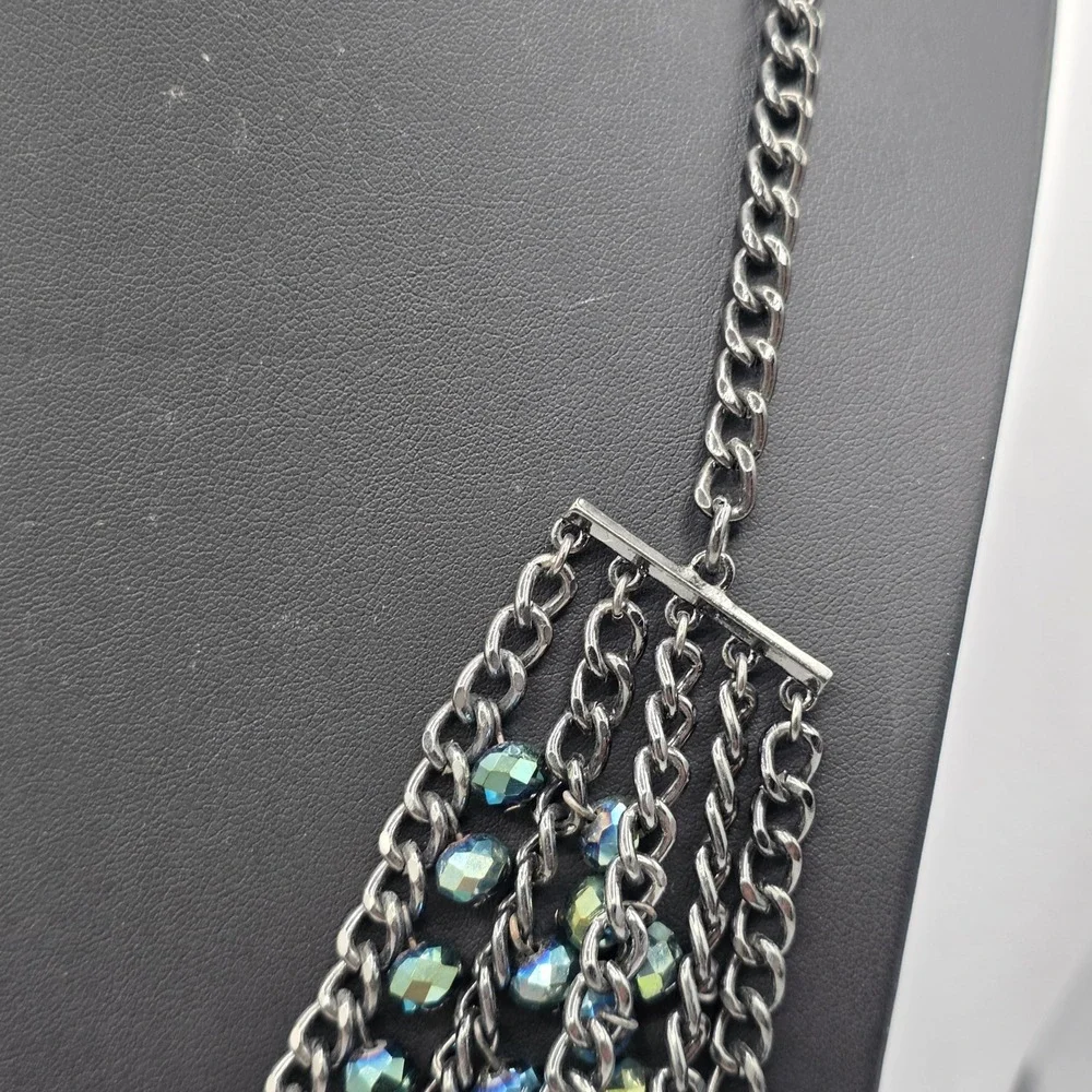 Gunmetal Multi-Strand Bib Necklace Iridescent AB Faceted Beads 5-Tier Statement